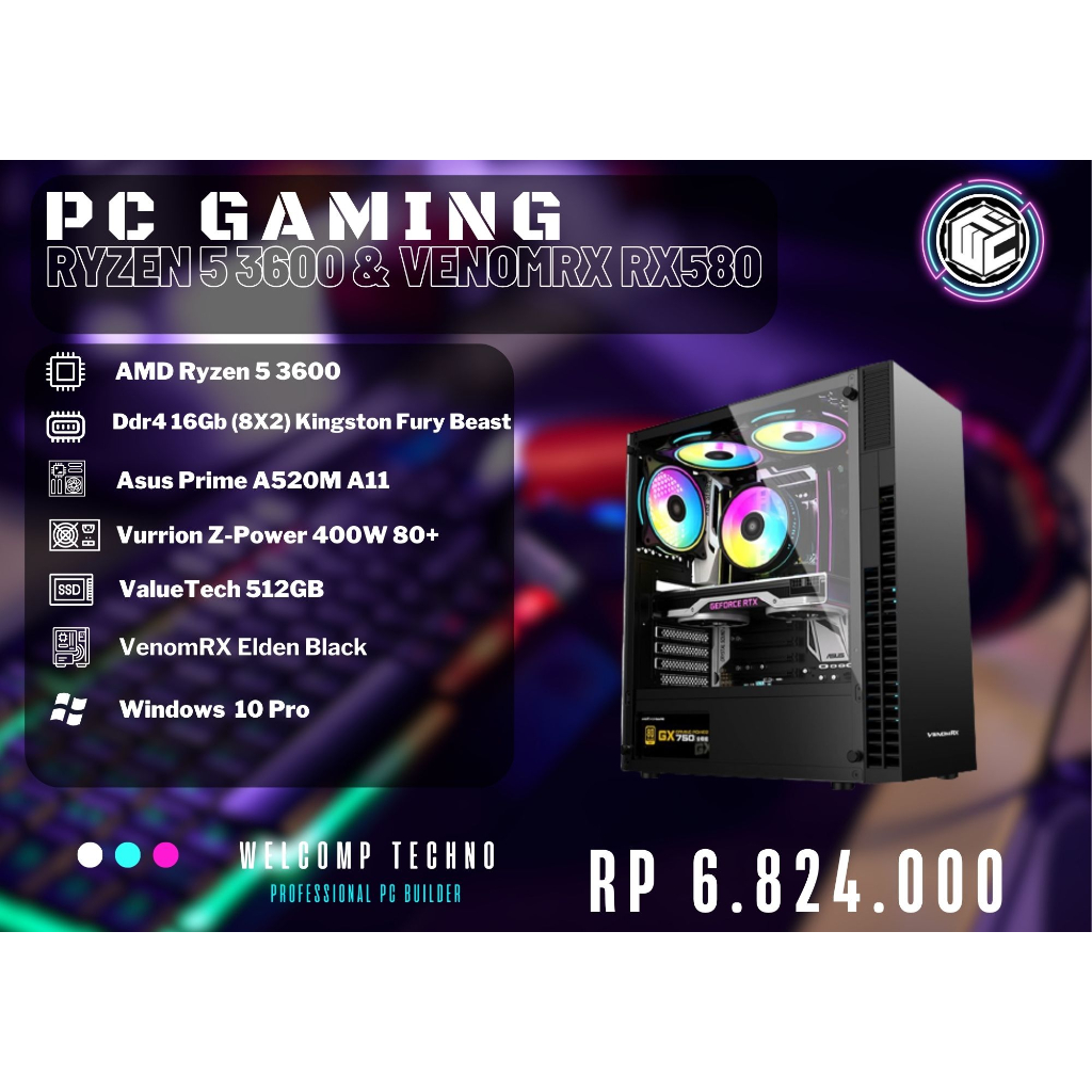 Komputer PC Gaming Ryzen 5 3600 / 16Gb (8X2) / 512GB Sata / VenomRX RX580 / Elden Black