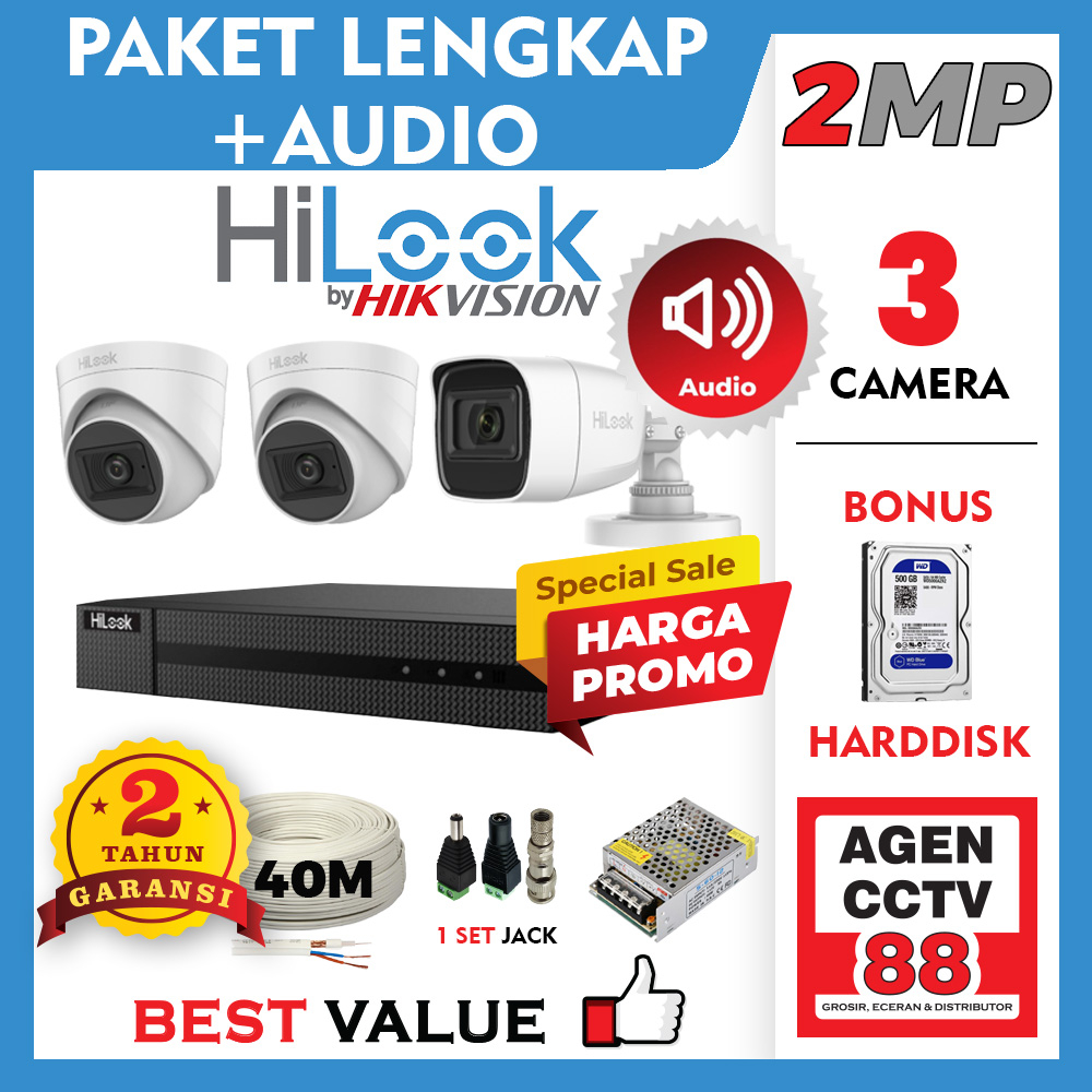 Paket CCTV HILOOK AUDIO 2MP 3CH 3 Channel Kamera LENGKAP