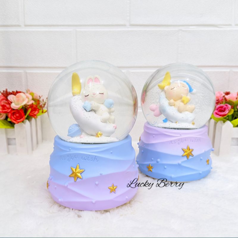 Snowball /Pajangan Bola Kaca Musik Box Bear and Rabbit XL (100) + Lampu Salju Otomatis Bergerak