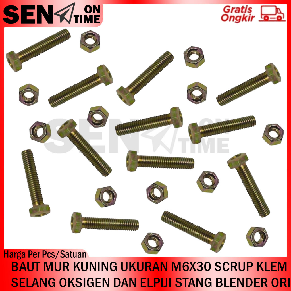 Baut Mur Kuning Ukuran M6 x 30 Per Biji Hexagon Bolts Nuts Besi Sekrup Galvanis Skrup Sekerup Pengik