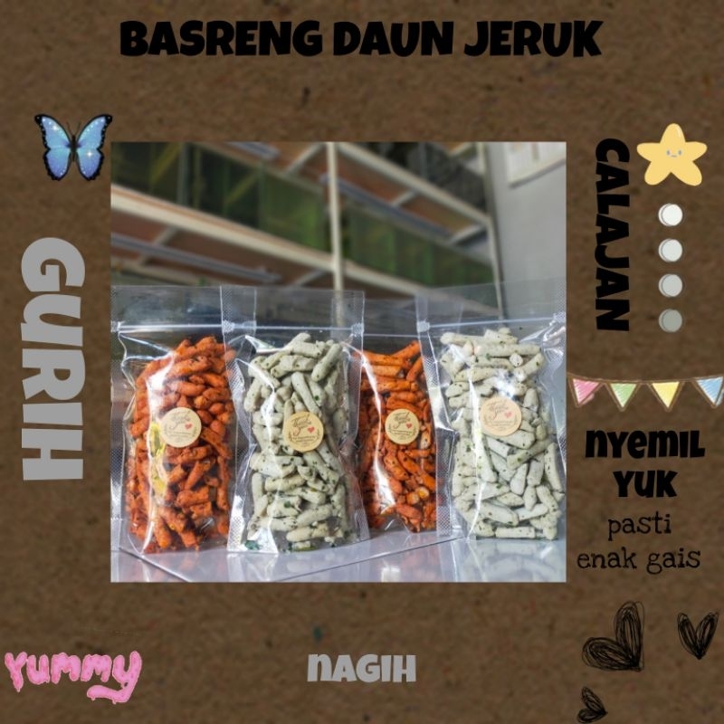 

Snack/Camilan dikemas dengan standing pouch. Basreng daun jeruk premium, keripik usus, dan snack ribut