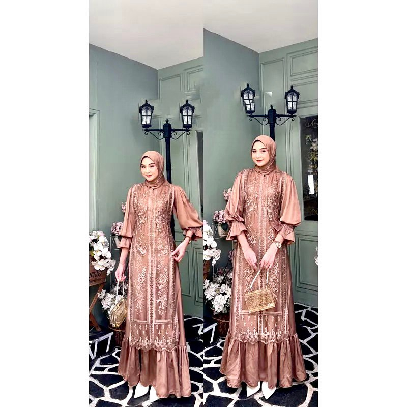 NISMARA DRESS Gamis Licin Satin Silk Mix Brokat Premium Import Modis Modern Terbaru 2023 Kekinian Lo