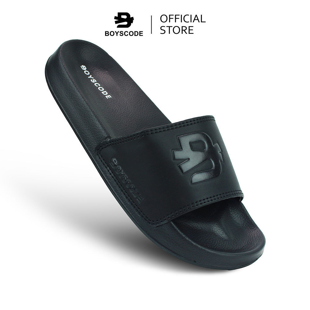 BOYSCODE Sendal Selop Karet Pria Wanita Motif Big Logo Hitam Fullblack / Slop Pria / Slip On Pria