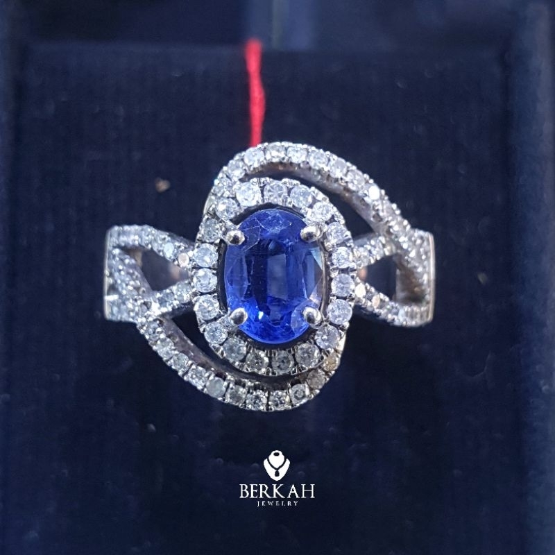 Cincin wanita emas berlian asli batu blue sapphire