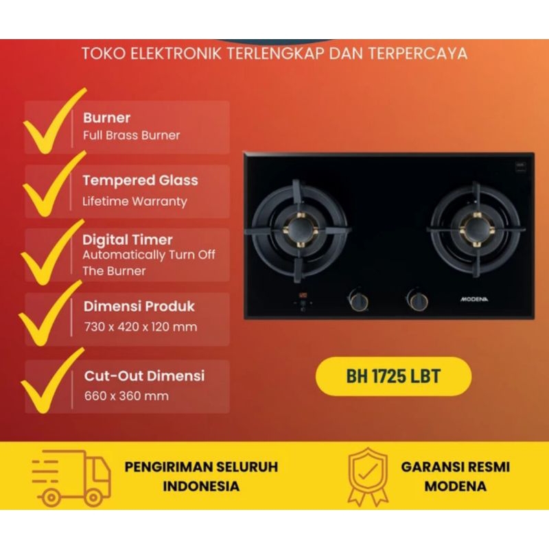 Kompor tanam Gas MODENA BH 1725 LBT - KOMPOR TANAM 2 TUNGKU FULL KUNINGAN