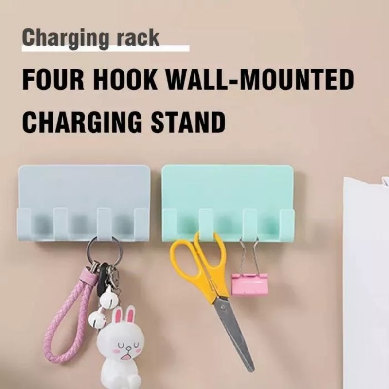 Gantungan Hook Tempel Dinding 4 Kait | Tempelan Cantolan / Holder Hook Tempel Dinding Rak Charger HP