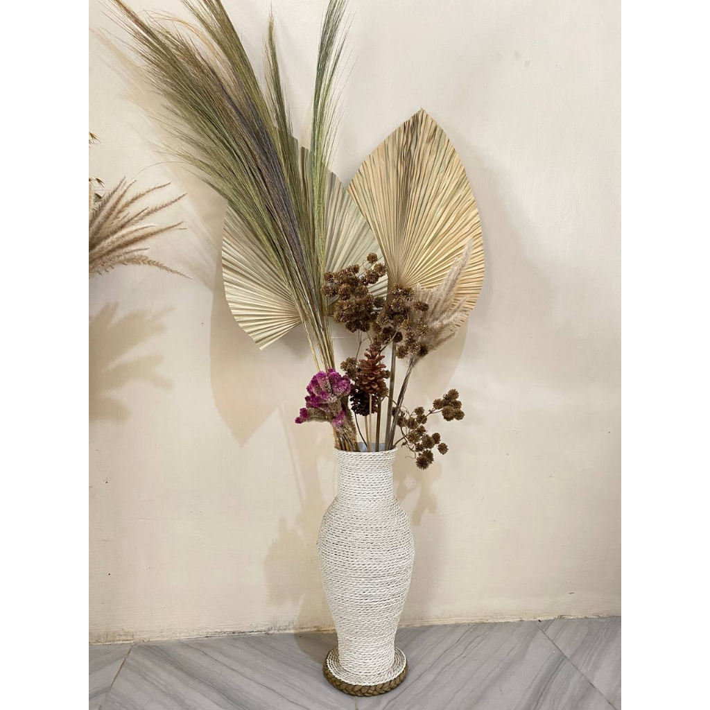 Bundling Hemat Bunga Kering dan Pot Guci/Dekorasi Rustic/Daun Palem Kering/Pampas/Rayung