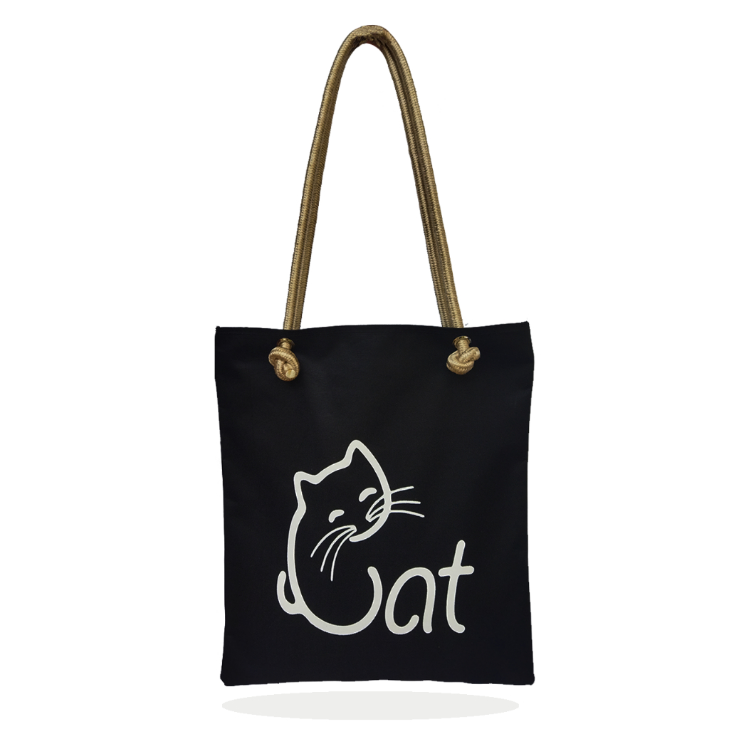 Tas Wanita Tote Bag Canvas Tas Ngaji Motif Cat Kucing Lucu Resleting Tali Sumbu