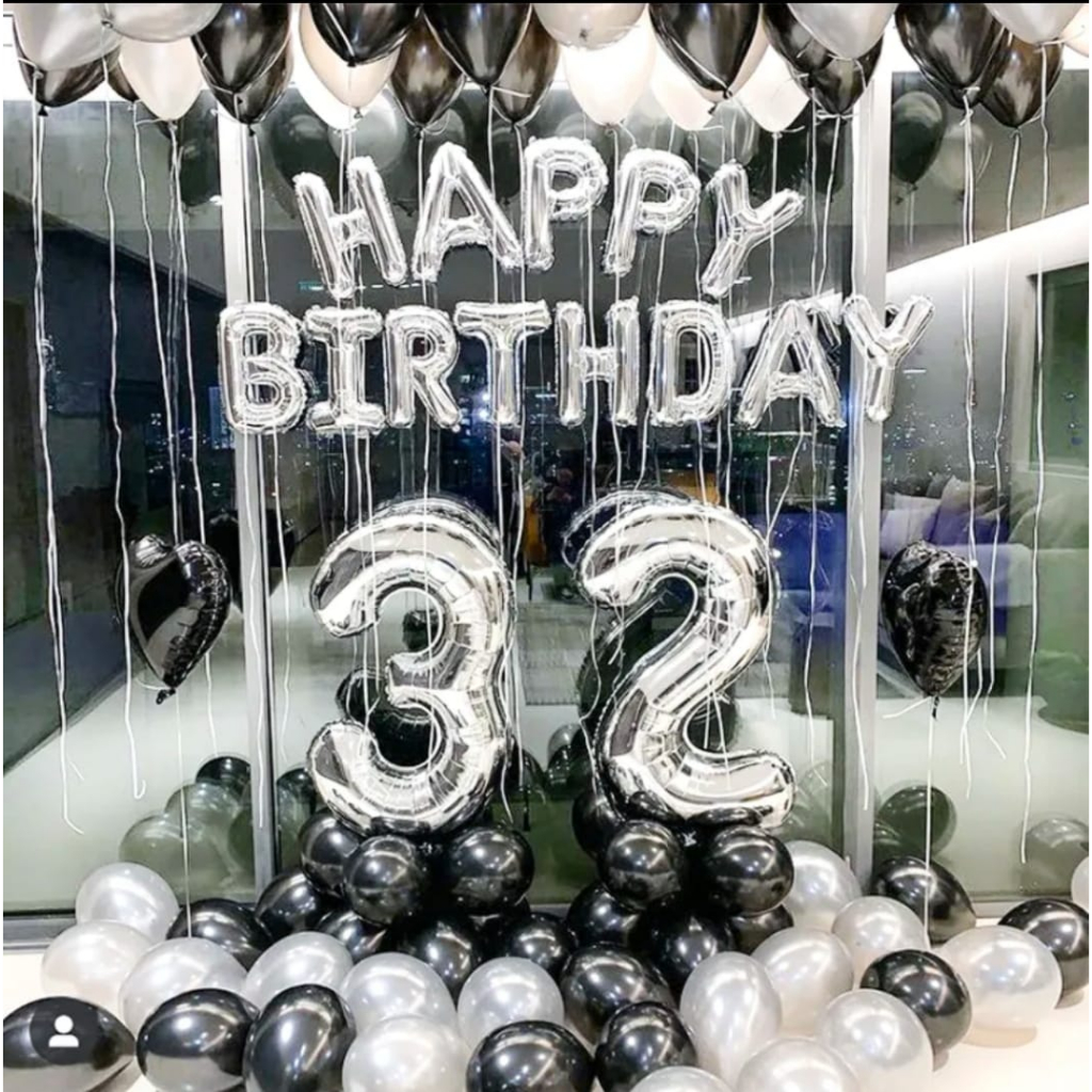 Paket Set Dekorasi Ulang Tahun Balon Foil Happy Birthday Putih Hitam Simple /Dekor Pesta ultah Anak