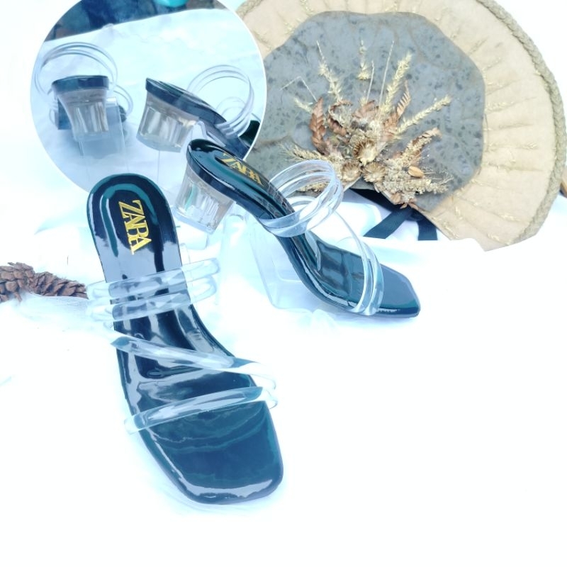 Sendal high heels hak kaca Zara wanita 5cm jelly bening