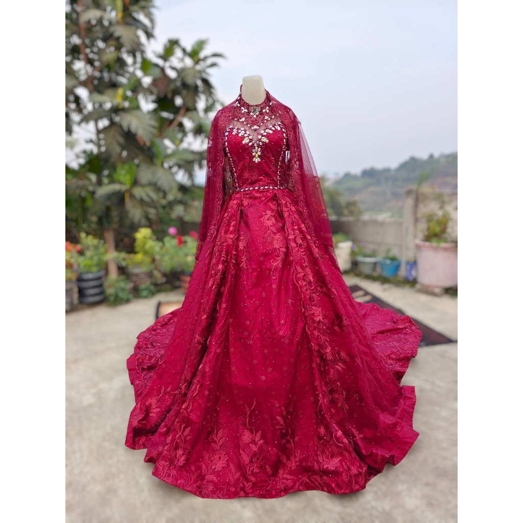 Promo Gaun Modern - Gaun Pengantin Wanita Merah Marun Murah