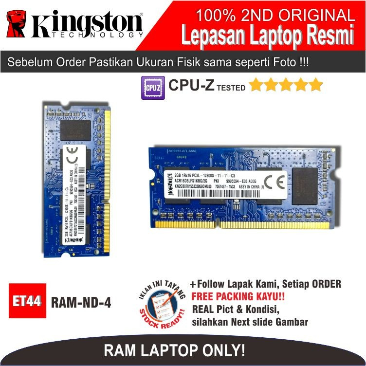 ET44 RAM-ND-4 RAM MEMORY RAM Laptop KINGSTON 2GB 1RX PC3L-12800S