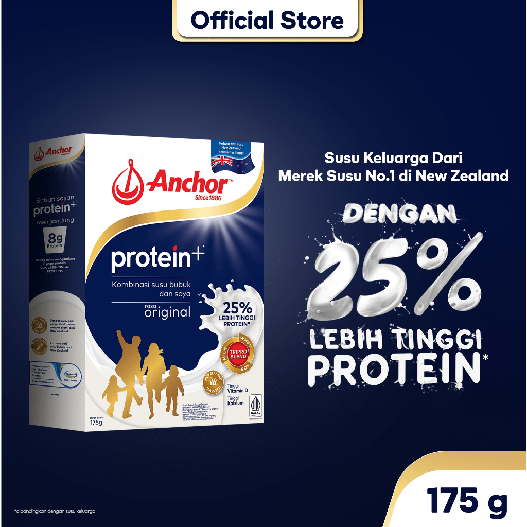 Anchor Milk Protein+ Susu Keluarga Original 175g - Susu Bubuk Tinggi Protein | Sarapan Breakfast