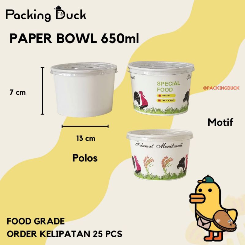 (MIN ORDER 25 PCS) PAPER BOWL 650ml POLOS MOTIF / PAPER BOWL + TUTUP / MANGKOK KERTAS