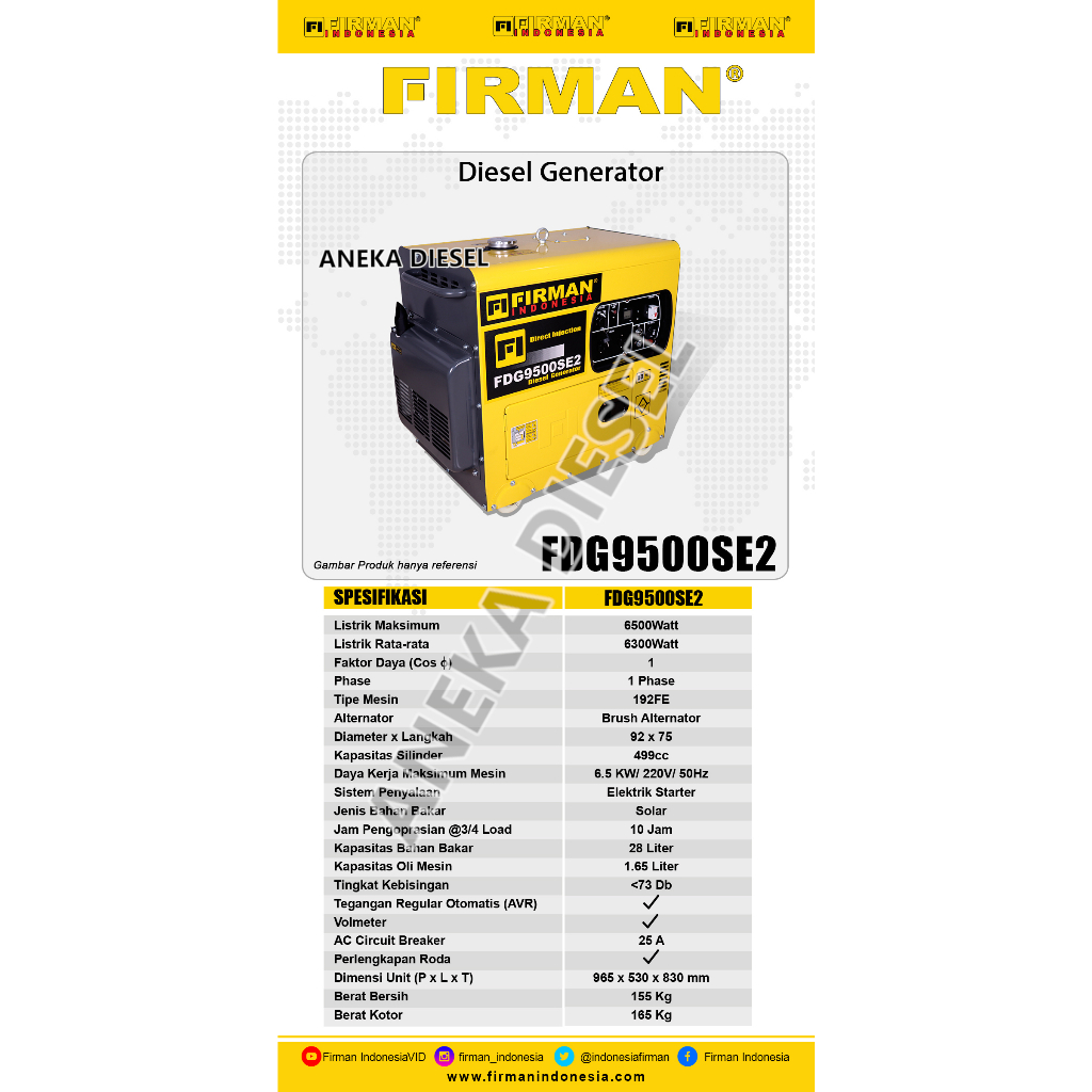 Mesin Genset Solar 6500W FIRMAN FDG 9500SE2 Diesel Generator 6500W FDG 9500SE2 FIRMAN Pembangkit Lis