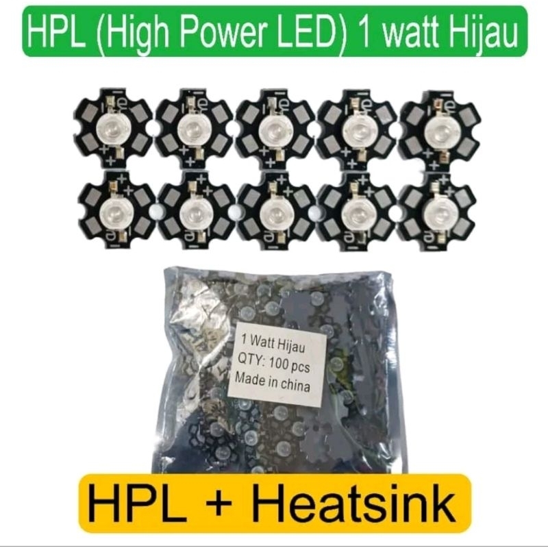 LAMPU HPL (High Power LED) 1 watt Hijau + Heatsink Pendingin untuk Torpedo