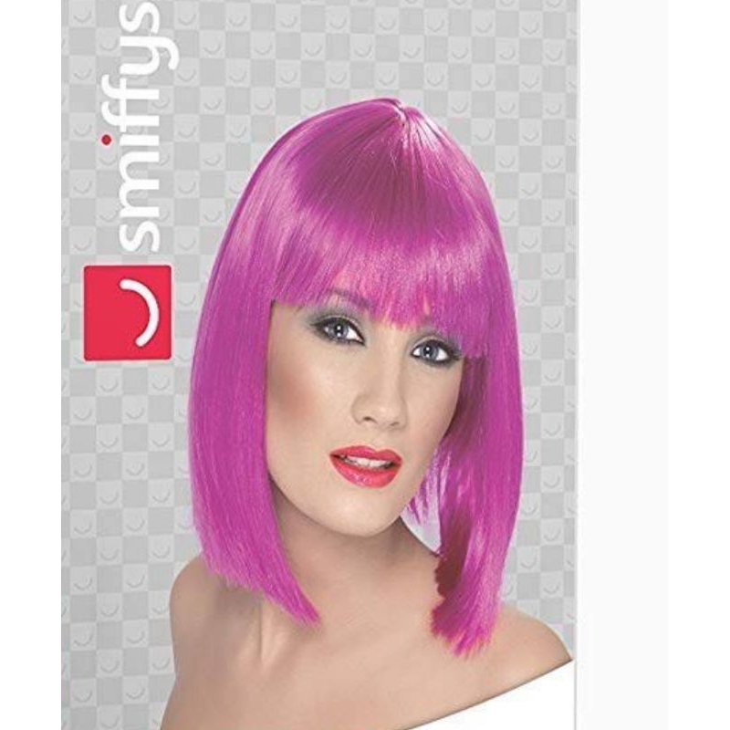 Wig Bob lurus poni merah muda-pirang coklat-kuning-ungu
