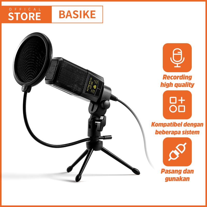[3PCS] BASIKE Microphone Condenser BM800 Studio Portable Murah with Tripod Stand & Pop Filter