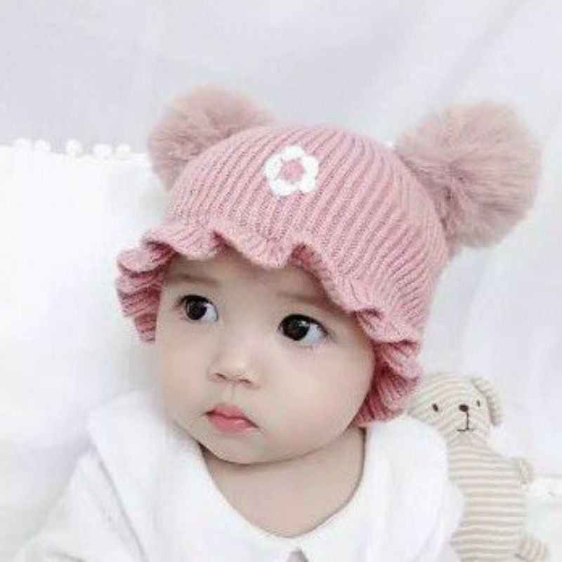 Topi Kupluk Bayi Perempuan Polos Model Pompom Bunga Anak Usia 0 3 6 bulan umur 1 2 3 Tahun thn cewek cowok