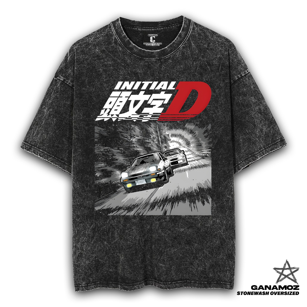 GANAMOZ Kaos Anime Initial D RACE Stone Wash Oversize T-shirt | Kaos Oversize Wanita | Kaos Oversize