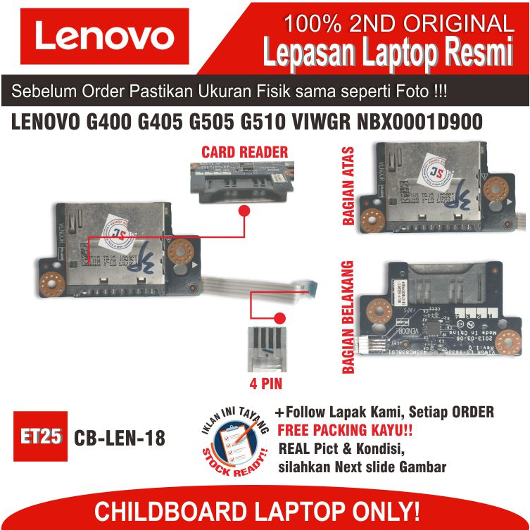 ET25  CB-LEN-18 SD CARD READER BOARD CABLE CHILDBOARD LENOVO G400 G405 G500 G505 G510 VIWGR LS-9633P