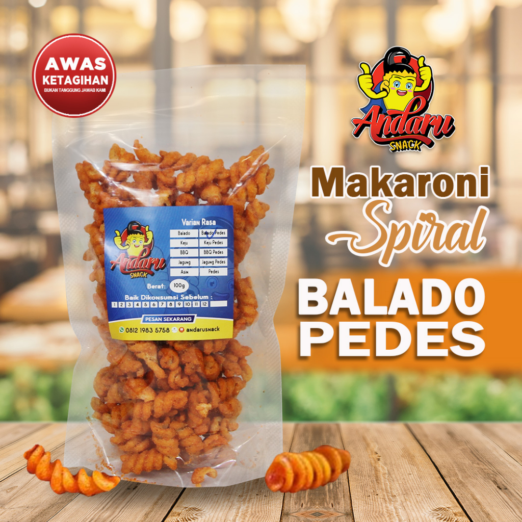 

Cemilan Nikmat Makaroni Spiral Andaru Snack Crispy Nikmat - Rasa Balado Pedes