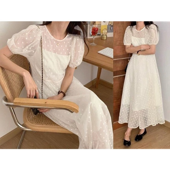 Gaun Midi Wanita Model Korea Bahan Jersey Lapis Tile Dot untuk Pesta dan Natal