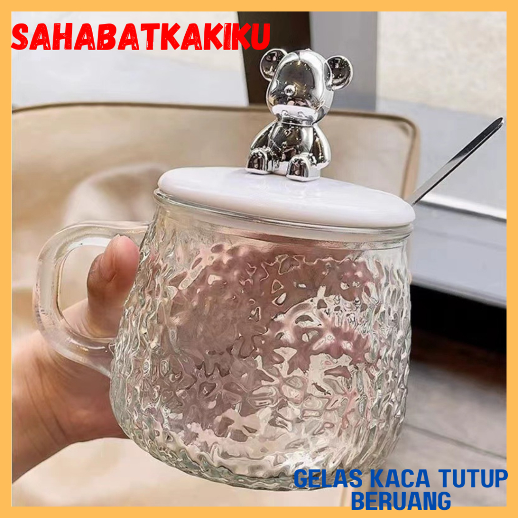 Gelas Kaca Tutup Bear / Gelas Kaca / Gelas Kaca Aesthetic / Gelas Serbaguna