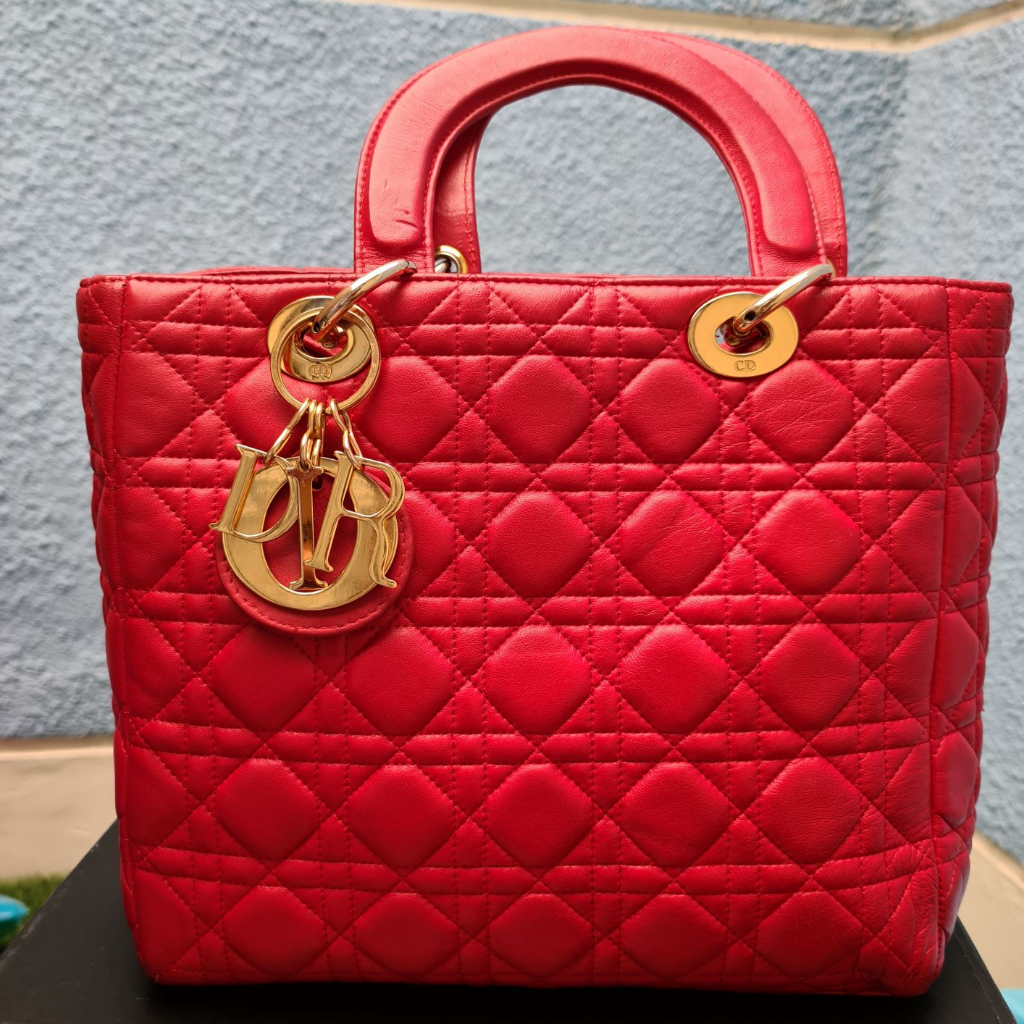 Christian Dior Lady Dior Medium KW Tas Tangan Jinjing Wanita Merah