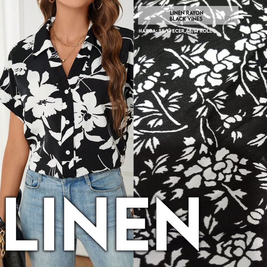 Linen Rayon Black Vines