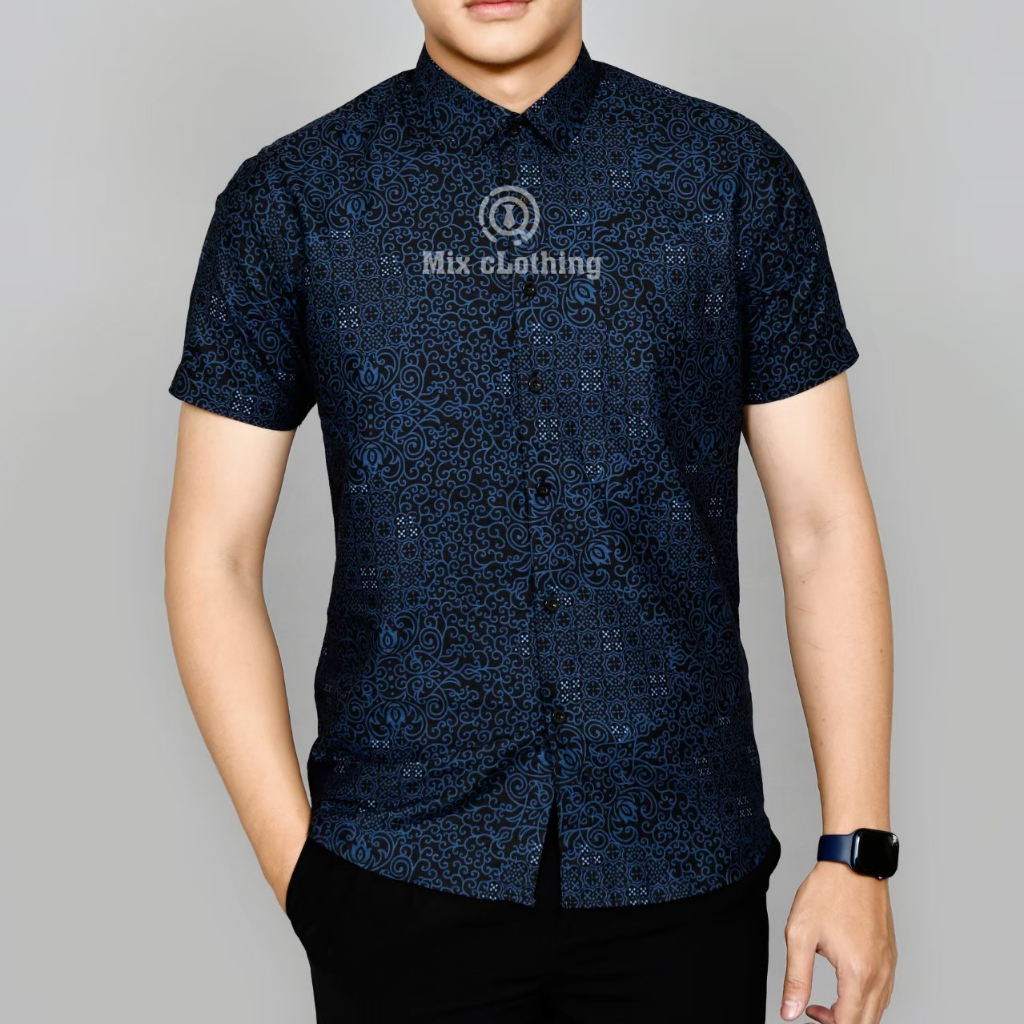 Kemeja Batik Pria Slimfit Baju Batik Pria Lengan Pendek Colin Dion Hem Distro NAVY
