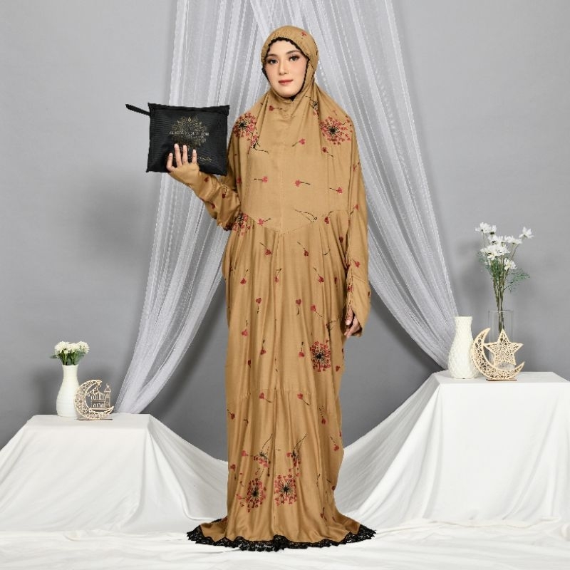 Al Arofah Mukena Terusan Sakura Rayon Dewasa jumbo Lajuran Langsungan Santri  Rukuh Bordir