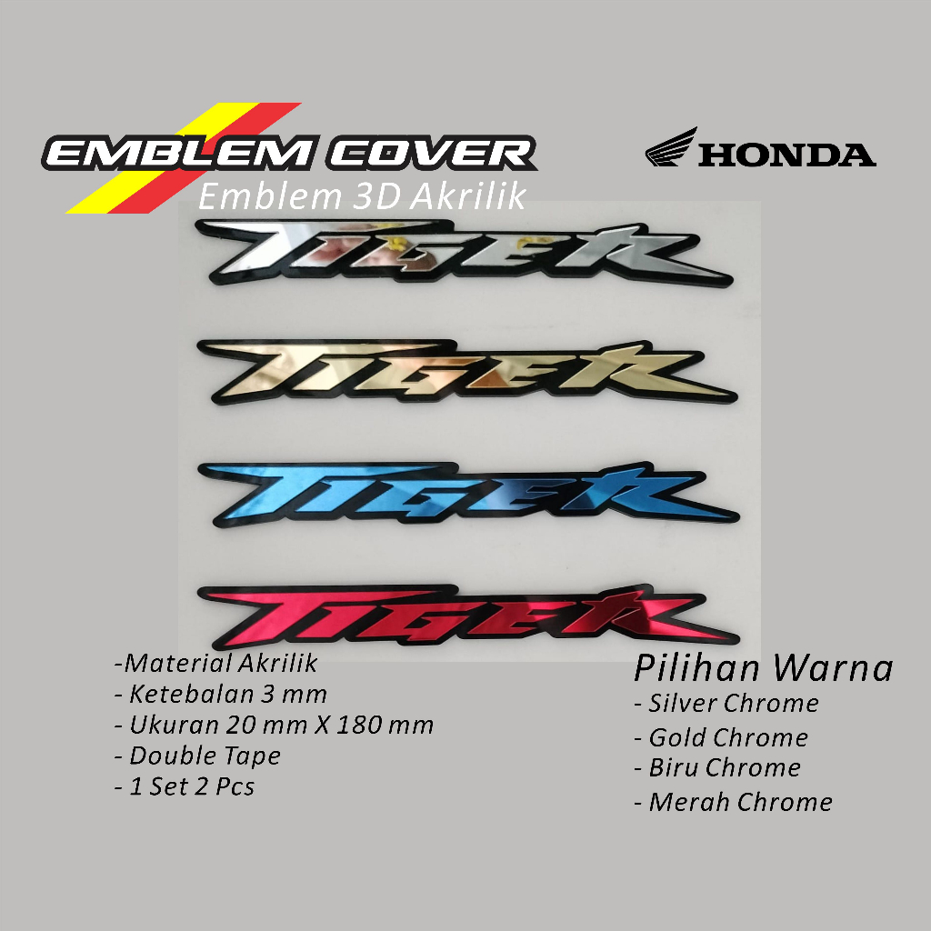 EMBLEM AKRILIK HONDA ALL TIGER LOGO TIMBUL 3D BUKAN STIKER BIRU MERAH GOLD &  SILVER 1 SET MUDAH DIP
