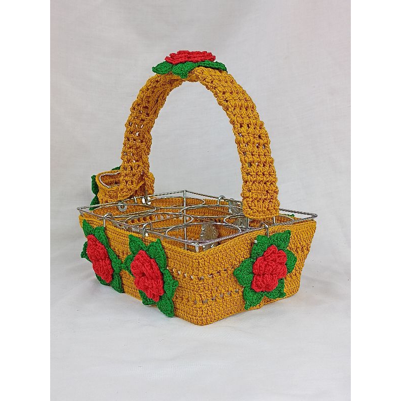 cover rajut keranjang Aqua gelas isi 6