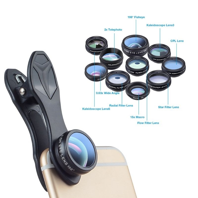 Apexel 10 in 1 Lensa Hp Smartphone Phone 10in1 Lens Fisheye + Macro + Wide + Tele + CPL + Kale + Fil