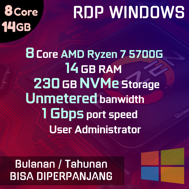 RDP AMD Ryzen 7 ⭐ 8 Core - 14 GB - 230 GB NVme ⭐ Unmetered bandwidth @ 1Gbps port ⭐ BULANAN / TAHUNAN ⭐ Bisa Diperpanjang