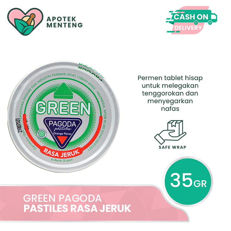 

Green Pagoda Pastiles 35 Gram - Permen Pelega Tengggorokan Rasa Jeruk