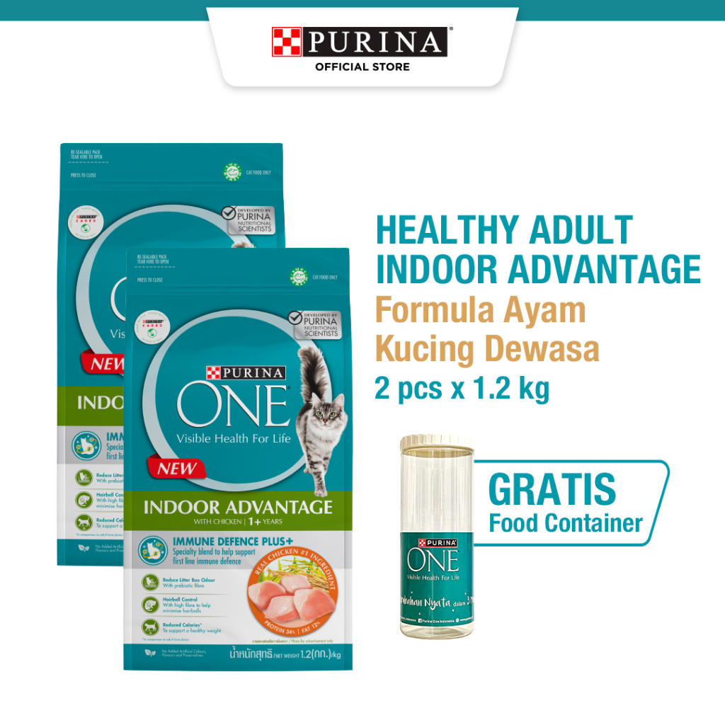 Purina ONE Healthy Indoor Chicken Kucing Dewasa 1.2kg + Free Food Container