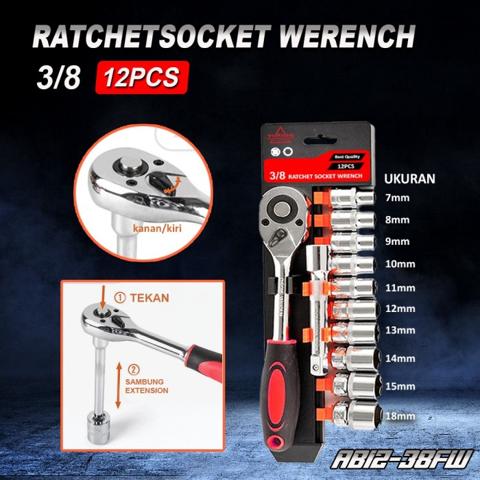 Yukido Kunci Shock Set 12PC CRV Drive Socket Wrench Set Socket Ratchet Wrench