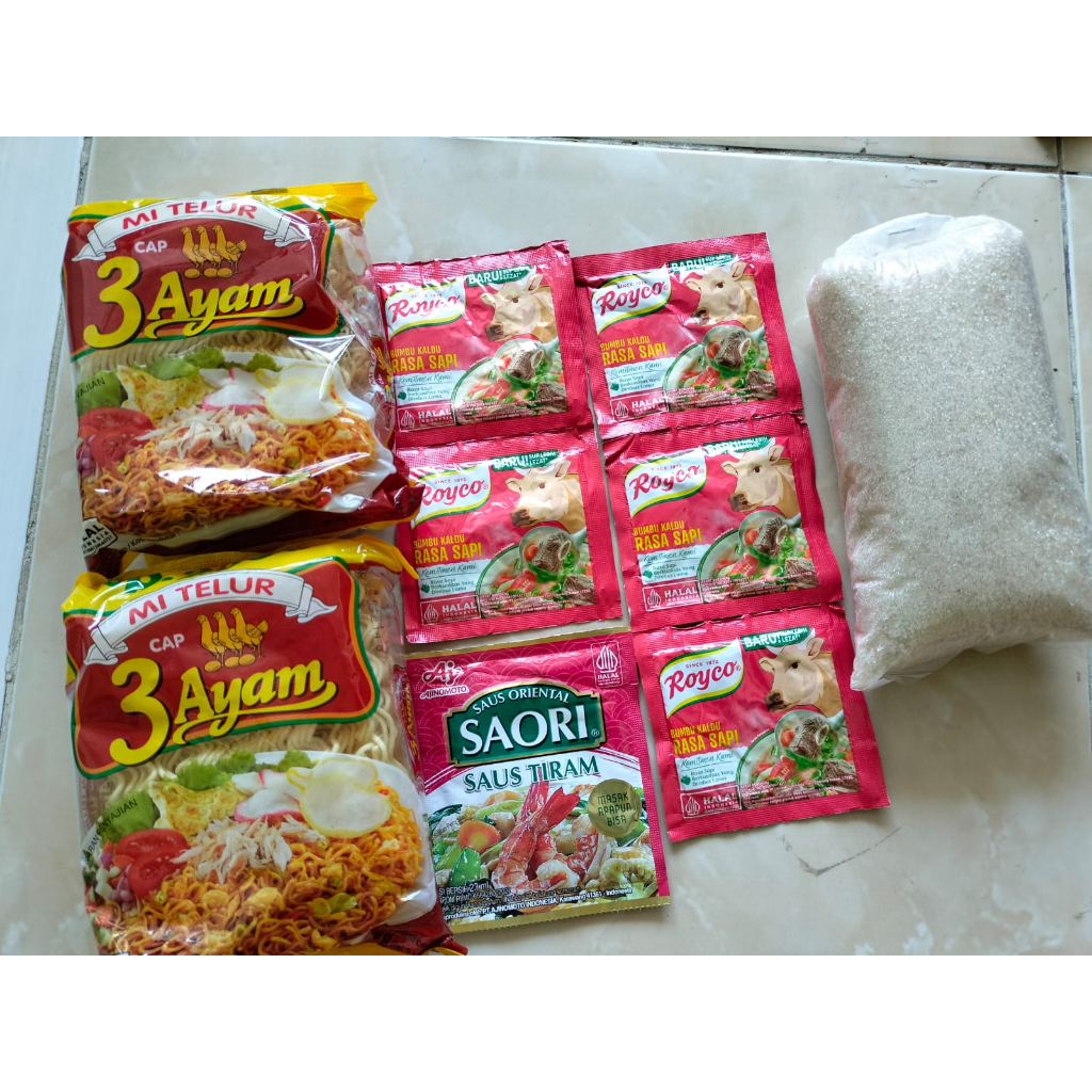 

PAKET GULA SETENGAH KILO + 5 SASET ROYCO + 1 SASET SAORI + 2 MIE TELUR