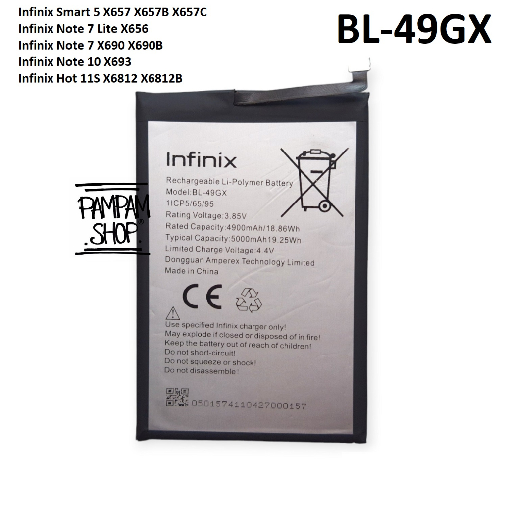 Baterai BL-49GX BL49GX Infinix Smart 5 X657 X657B X657C Note 7 Lite X656 Note 7 X690 X690B Note 10 X693 Hot 11S X6812 X6812B Batre Batrai Battery Original OEM HP Handphone Ori