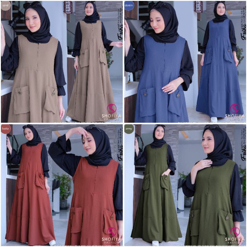 SET DRESS Original Shofiya FS Setelan Gamis Overall+Inner Linen Bahan Crinkle Airflow Polos Premium 