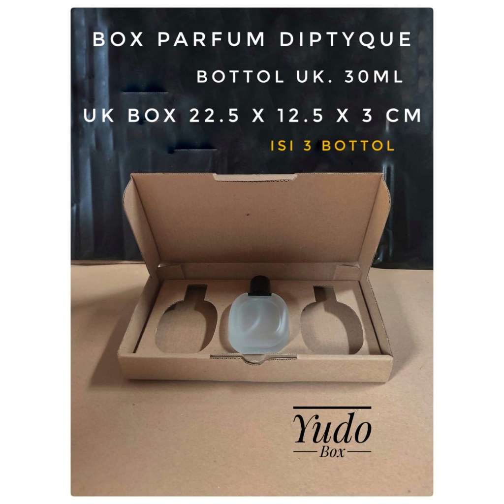 

karton kardus uk.22,5X12,5X3 cm model diecut dus parfum DIPTYQUE 30 ml ( ISI 3 KOLOM )