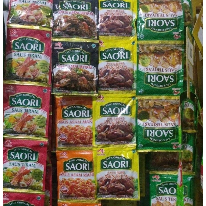 

Saori sachet all varian - saori saus tiram / saori saus teriyaki / saori saus lada hitam / saori saus asam manis / saus mentega / saus bulgogi 1 sachet