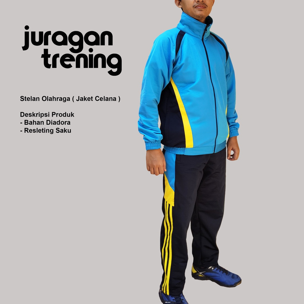 SET Pakaian Olahraga pria dewasa jaket celana panjang training motif list garis polos keren 2 warna