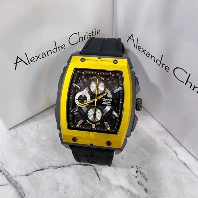 jam tangan pria original ALEXANDRE CHRISTIE AC6598MC RUBBER STRAP BLACK YELLOW