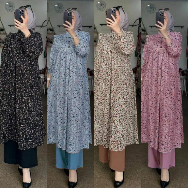NEW LONG TUNIK SET // Setelan Tunik Motif Bunga Bahan Ceruty Premium // SETELAN TUNIK BUNGA KECIL CE