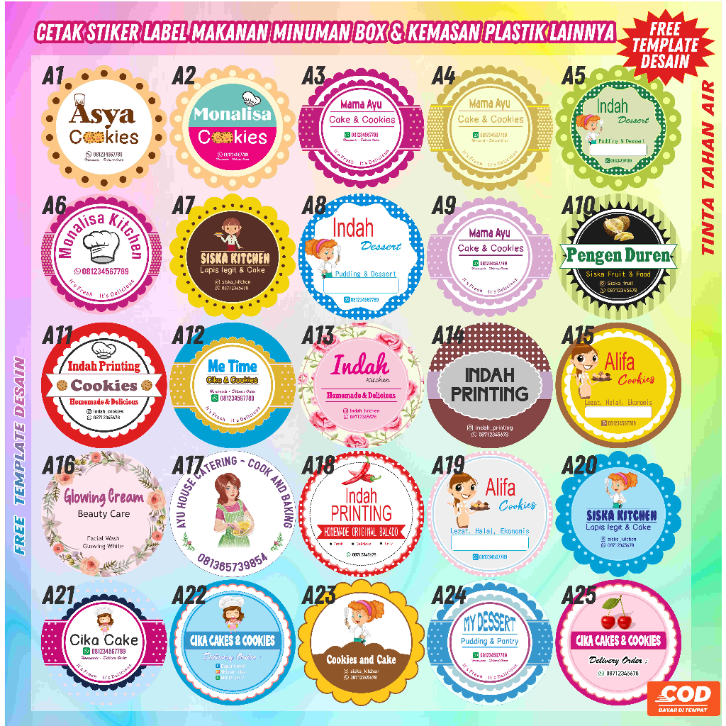

Cetak Sticker Label Kemasan Produk Makanan/Minuman Snack Kue Bakery Olshop dll Custom anti air
