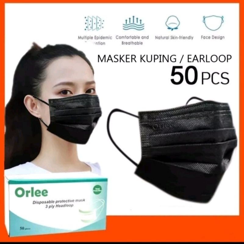 Masker Orlee hitam cantol 50 pcs ada embos / orlee 1 karton / masker 3ply hitam cantol kemenkes/ duc