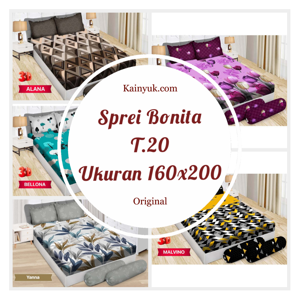 SPREI BONITA QUEEN 3D Ukuran 160x200 BANTAL 2 GULING 2 Tinggi 20cm - MURAH ORIGINAL